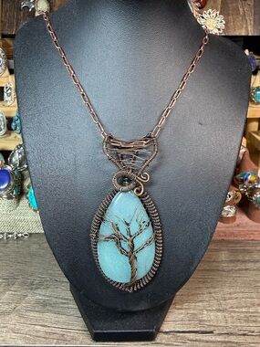 Handmade Tree of Life Pendant Necklace in Teal with Copper Wire